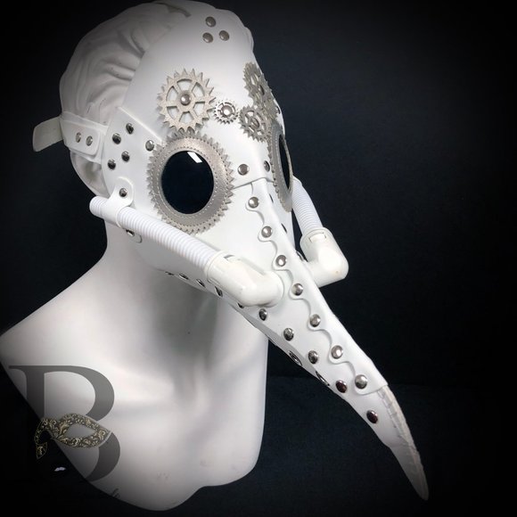 White Plague Doctor Mask with Silver White Gears - Picture 2 of 2